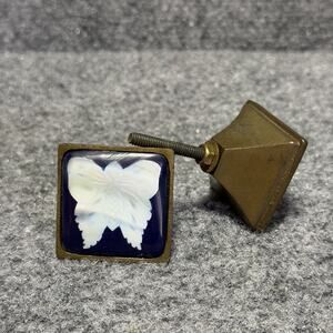 VTG Heavy (1.5”) Brass Mother Of Pearl Butterfly Inlay - Pair - Drawer Knobs